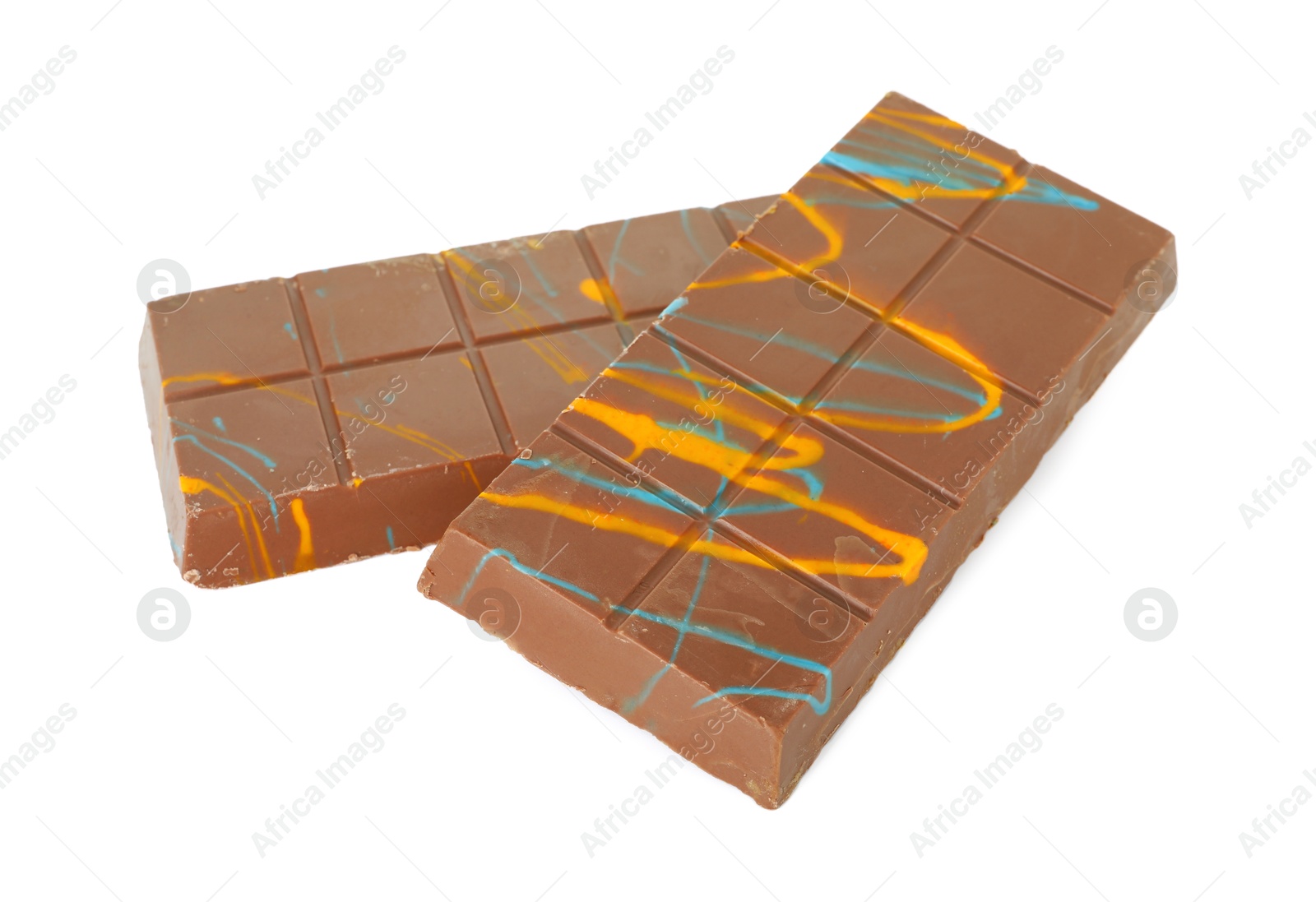 Photo of Two Dubai chocolate bars with pistachio and knafeh isolated on white