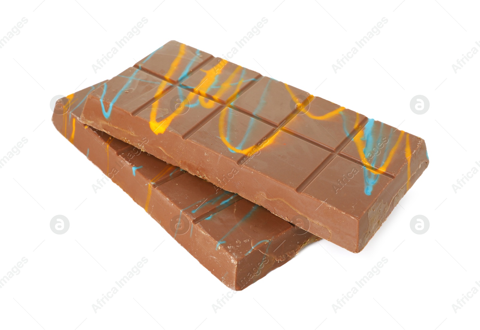 Photo of Two Dubai chocolate bars with pistachio and knafeh isolated on white