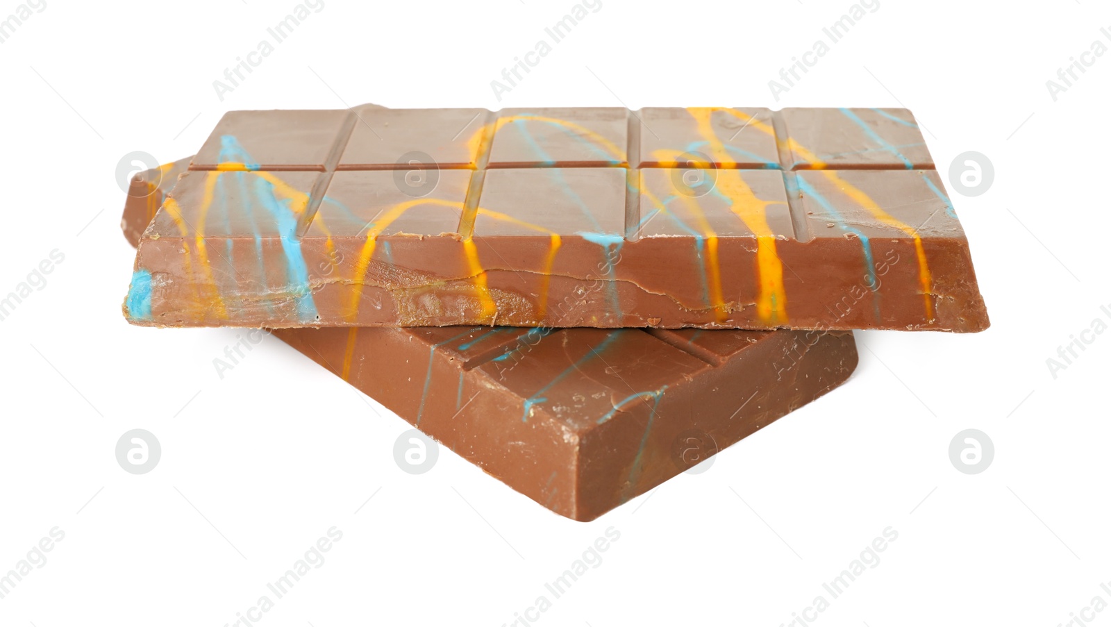 Photo of Two Dubai chocolate bars with pistachio and knafeh isolated on white