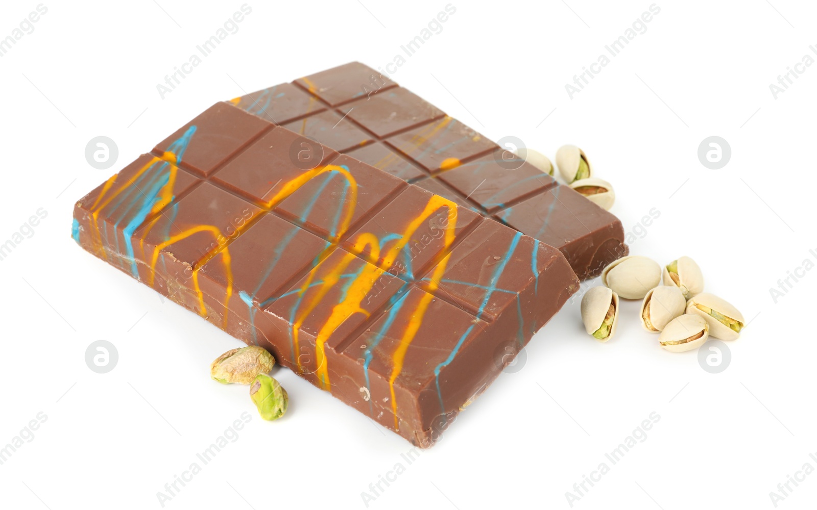 Photo of Dubai chocolate bars and pistachios isolated on white