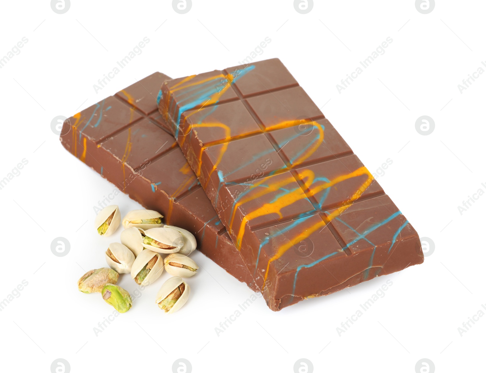 Photo of Dubai chocolate bars and pistachios isolated on white