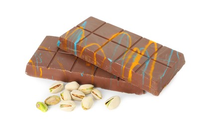 Photo of Dubai chocolate bars and pistachios isolated on white