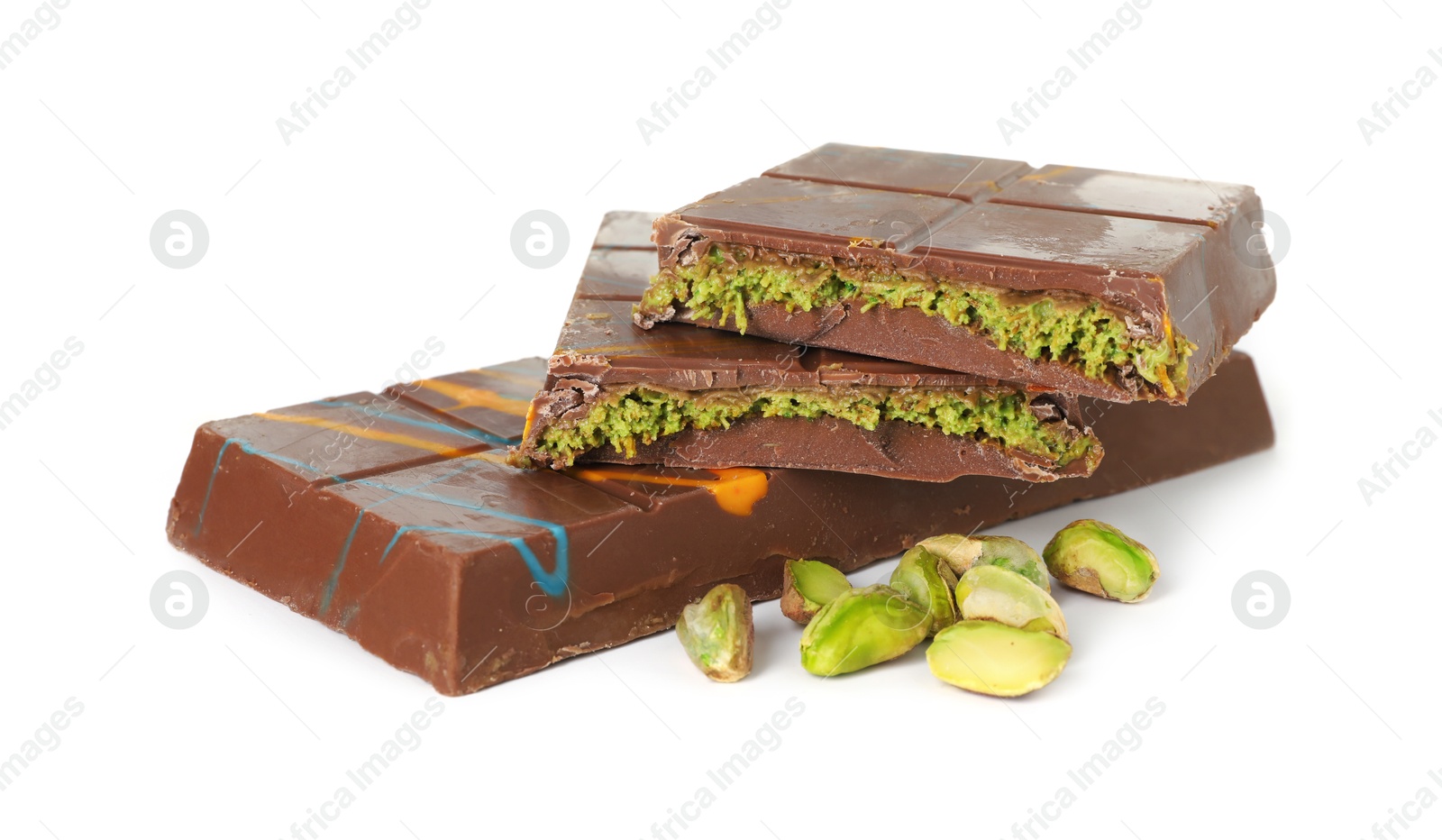 Photo of Pieces of Dubai chocolate bars and pistachios isolated on white