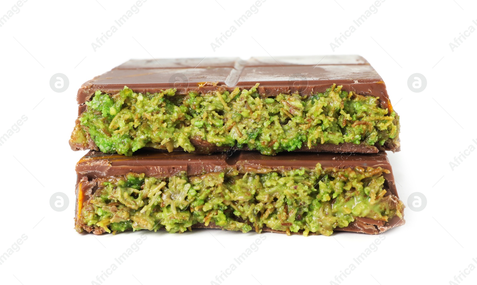 Photo of Pieces of Dubai chocolate bar with pistachio and knafeh isolated on white