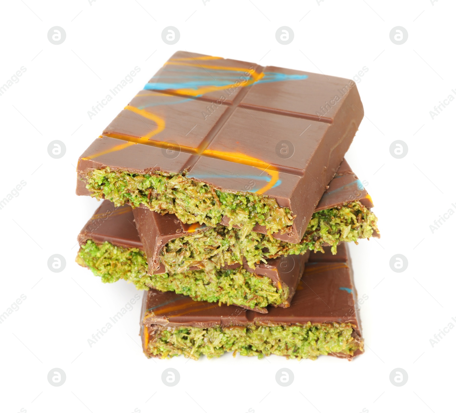 Photo of Pieces of Dubai chocolate bars with pistachio and knafeh isolated on white