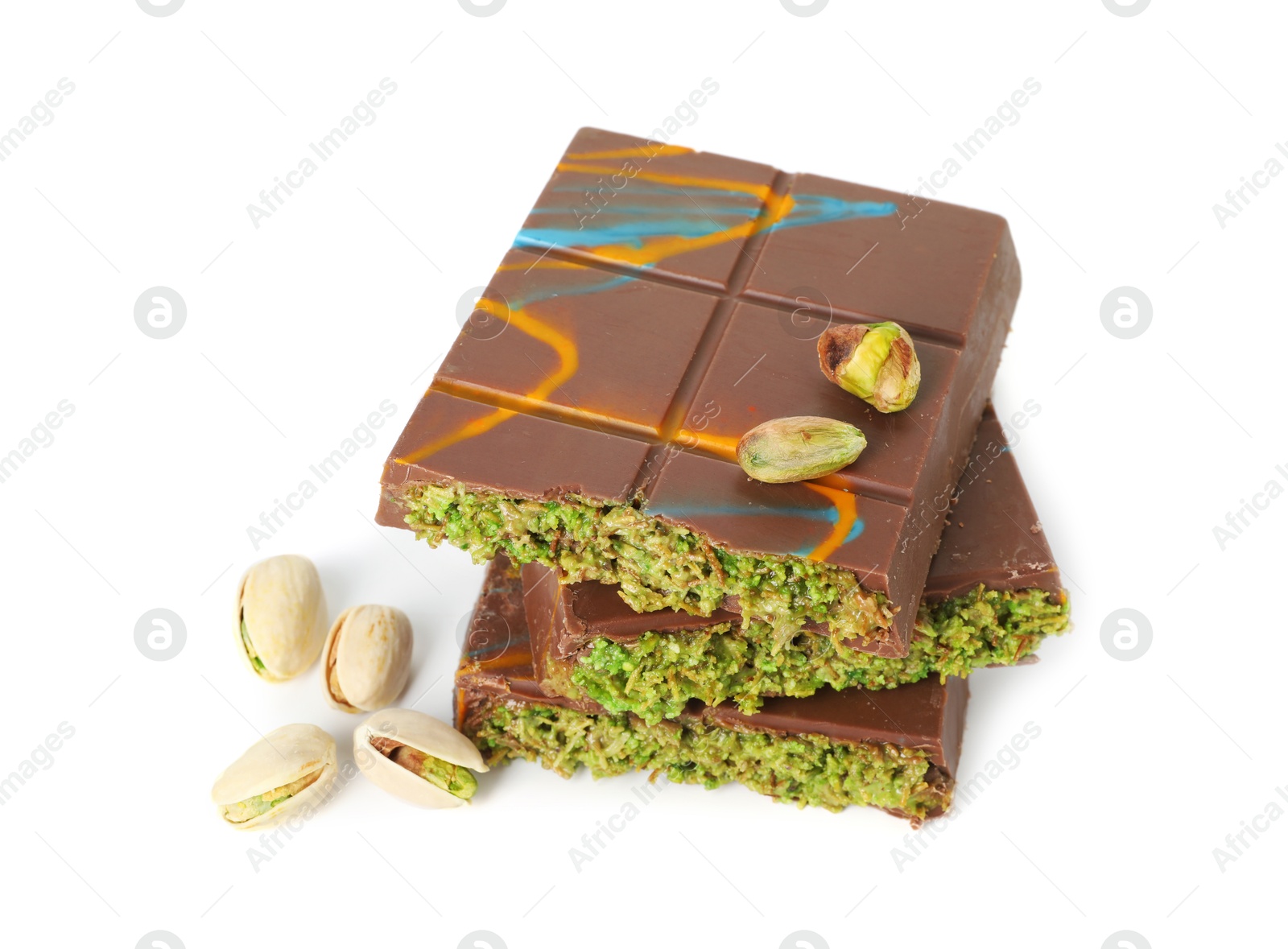 Photo of Pieces of Dubai chocolate bars and pistachios isolated on white