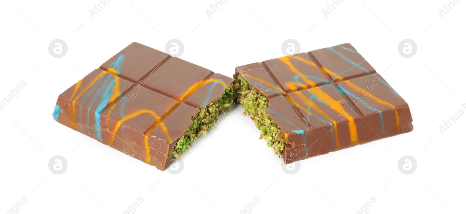 Photo of Pieces of Dubai chocolate bar with pistachio and knafeh isolated on white