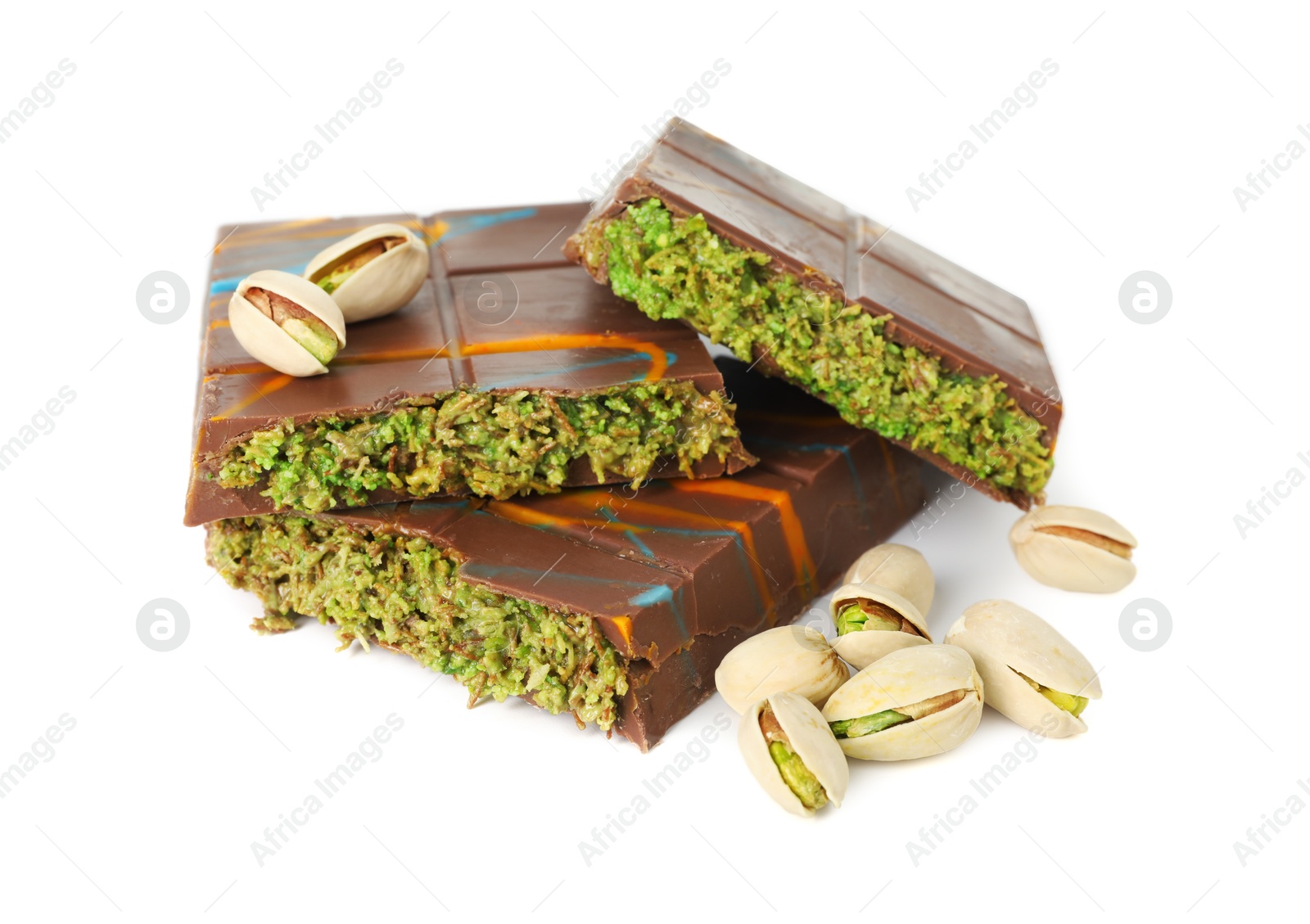 Photo of Pieces of Dubai chocolate bars and pistachios isolated on white