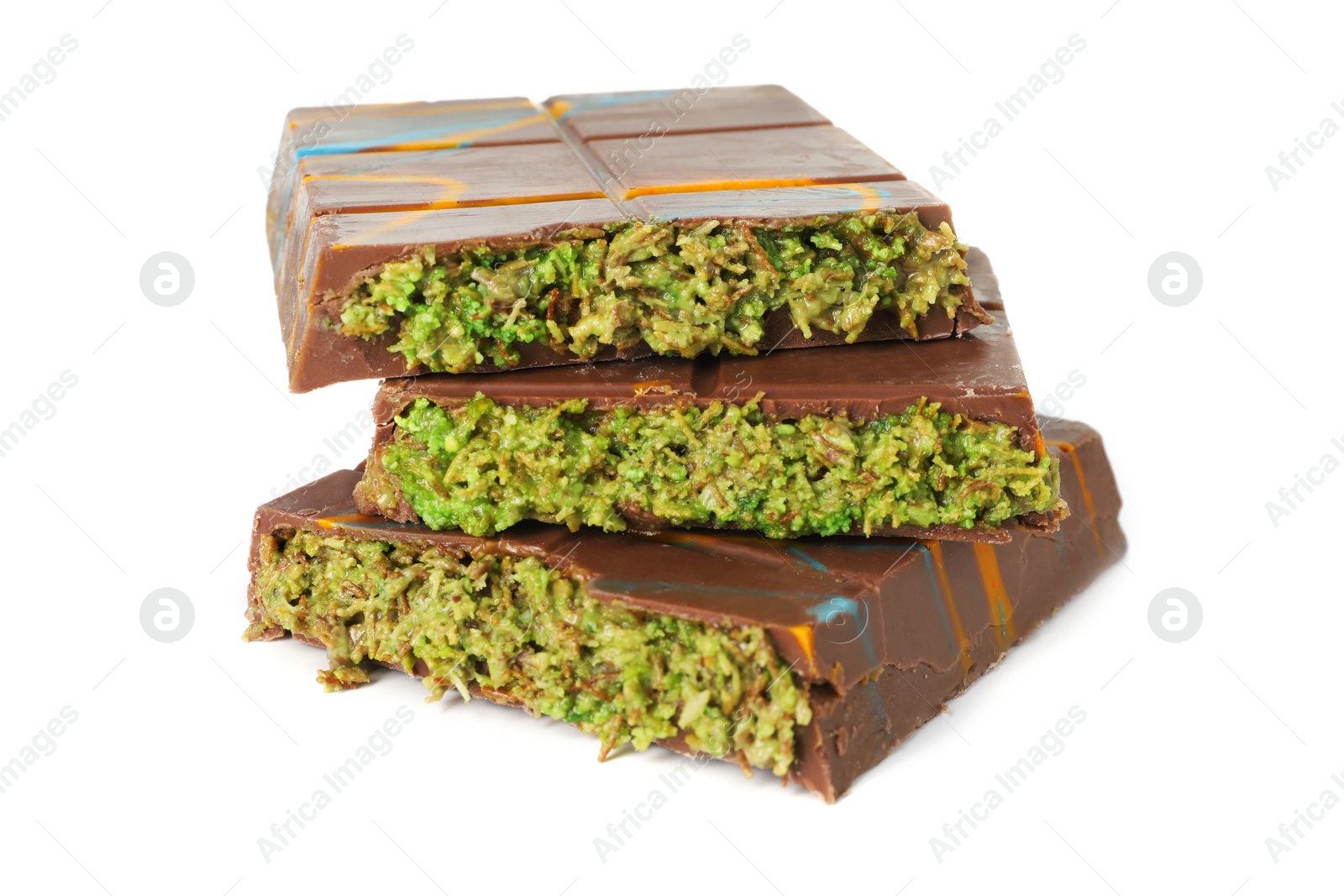 Photo of Pieces of Dubai chocolate bars with pistachio and knafeh isolated on white