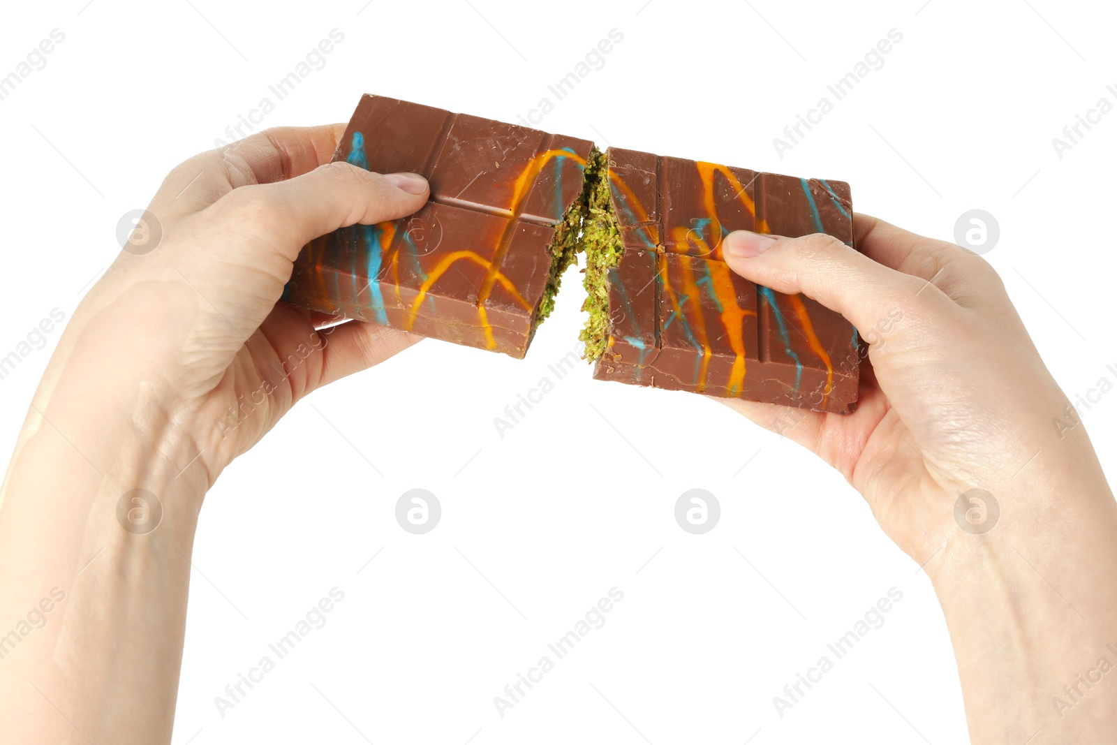 Photo of Woman breaking Dubai chocolate bar on white background, closeup