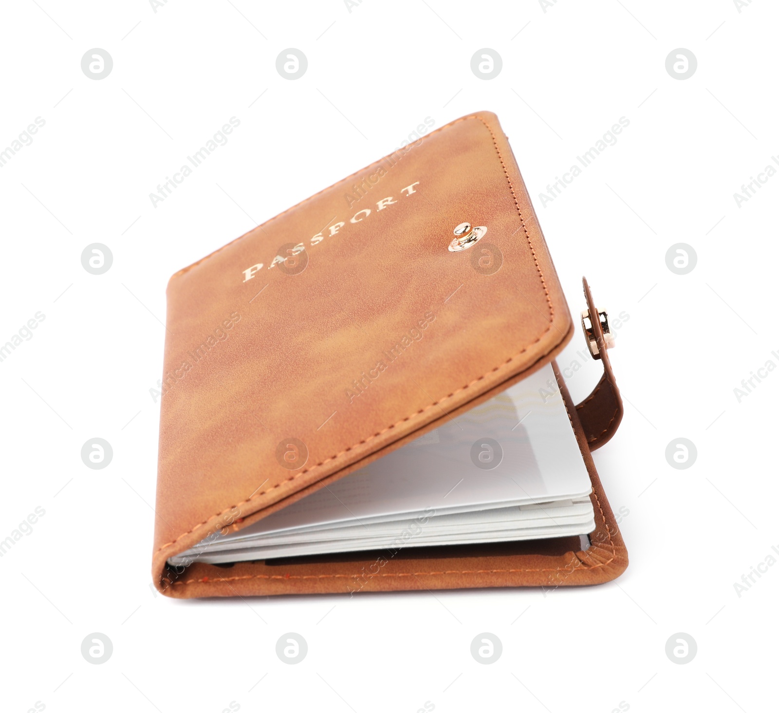 Photo of Passport in leather cover isolated on white