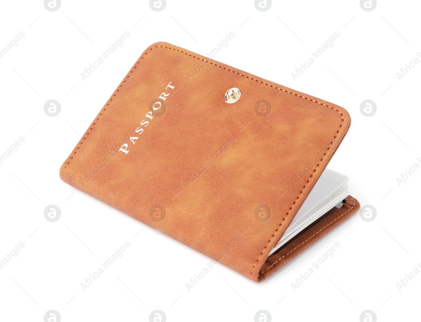 Photo of Passport in leather cover isolated on white