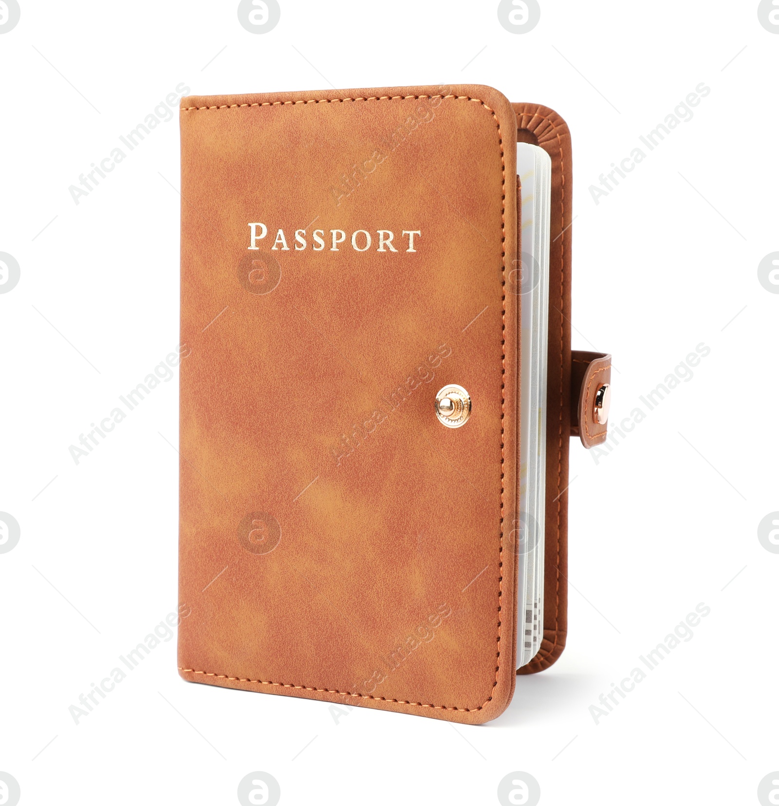 Photo of Passport in leather cover isolated on white