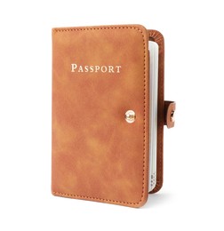 Photo of Passport in leather cover isolated on white