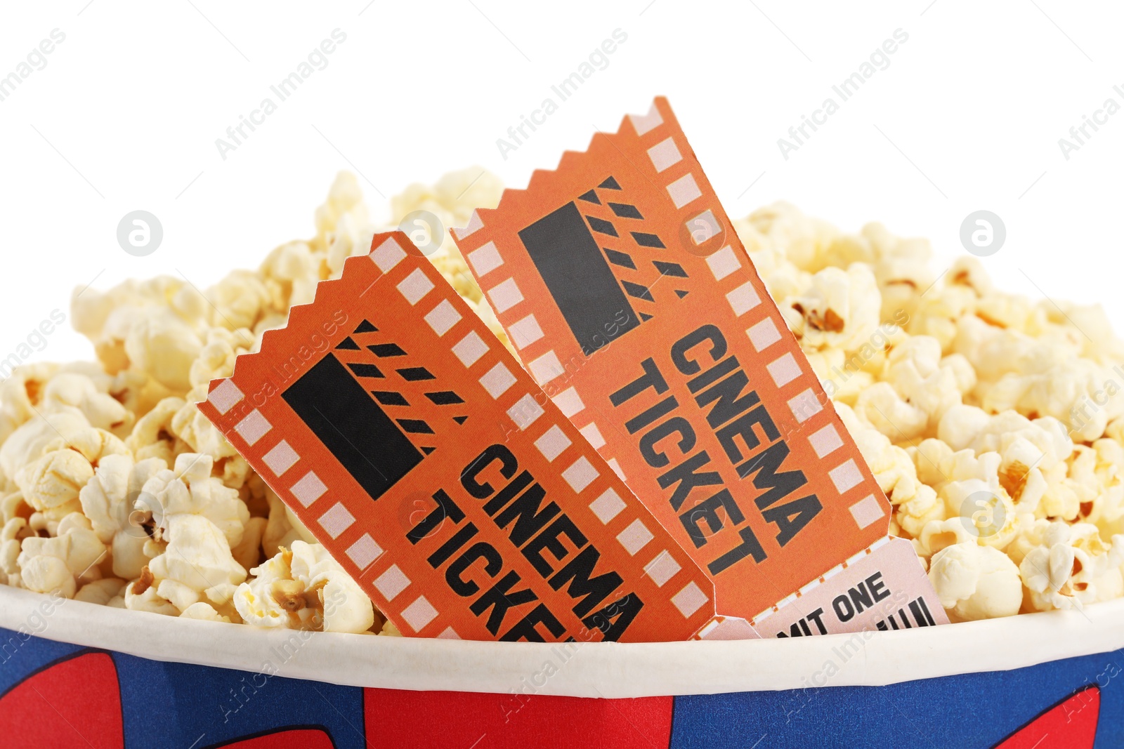 Photo of Tasty popcorn and movie tickets isolated on white