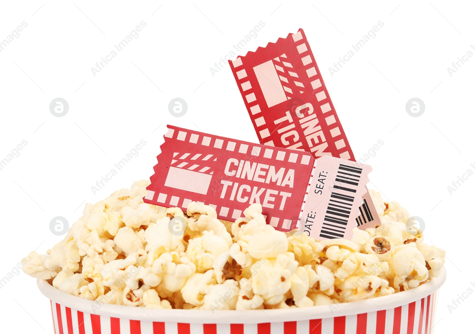 Photo of Tasty popcorn and movie tickets isolated on white