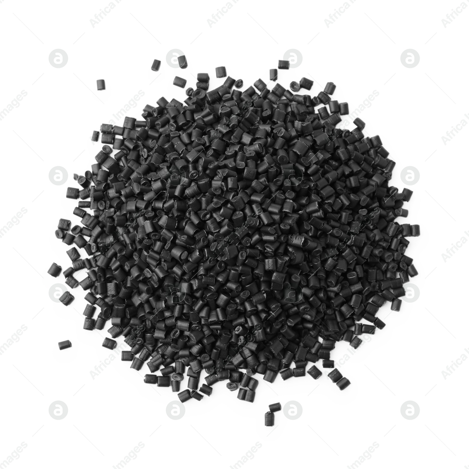 Photo of Pile of black plastic granules isolated on white, top view