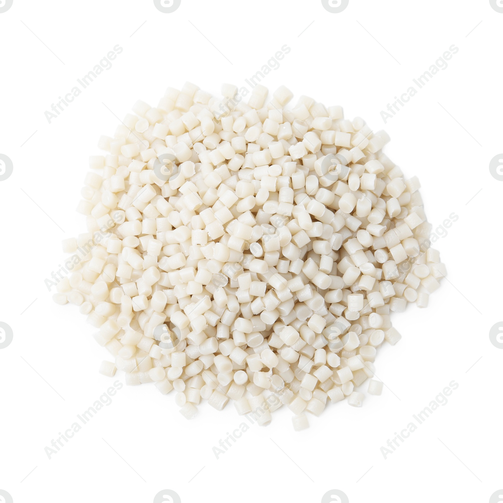 Photo of Pile of plastic granules isolated on white, top view