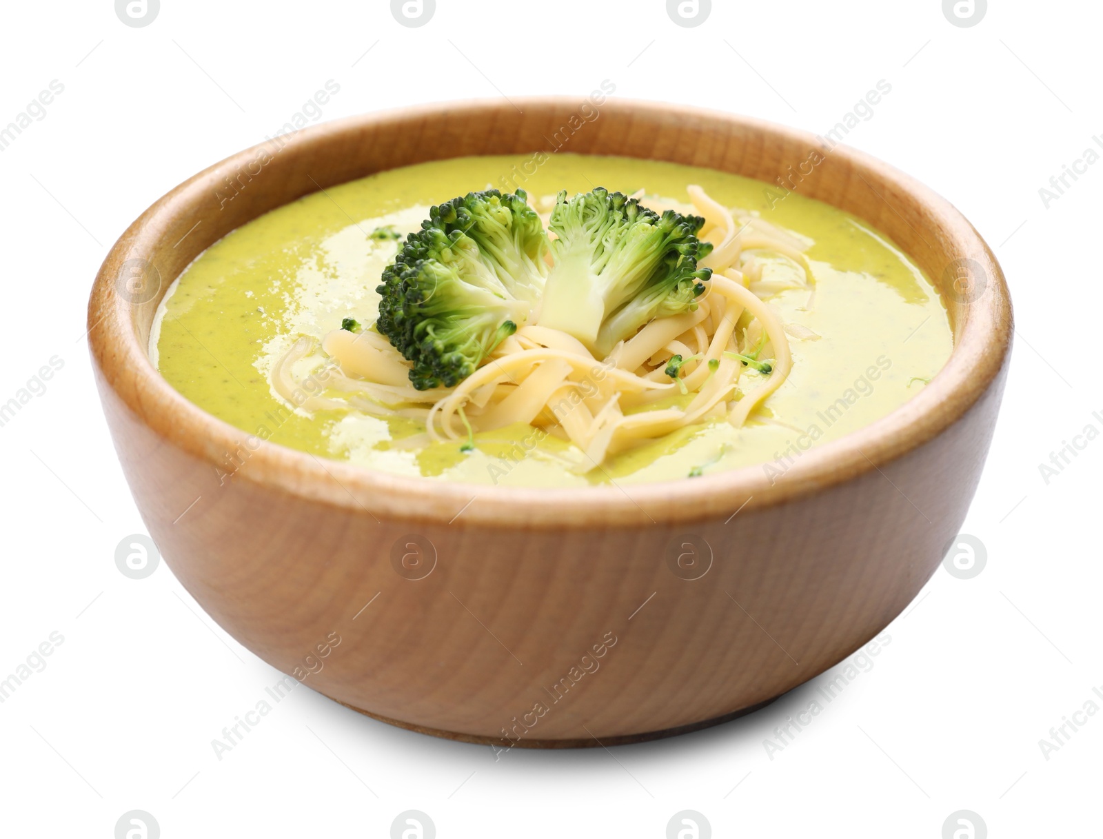 Photo of Delicious broccoli cream soup in bowl isolated on white