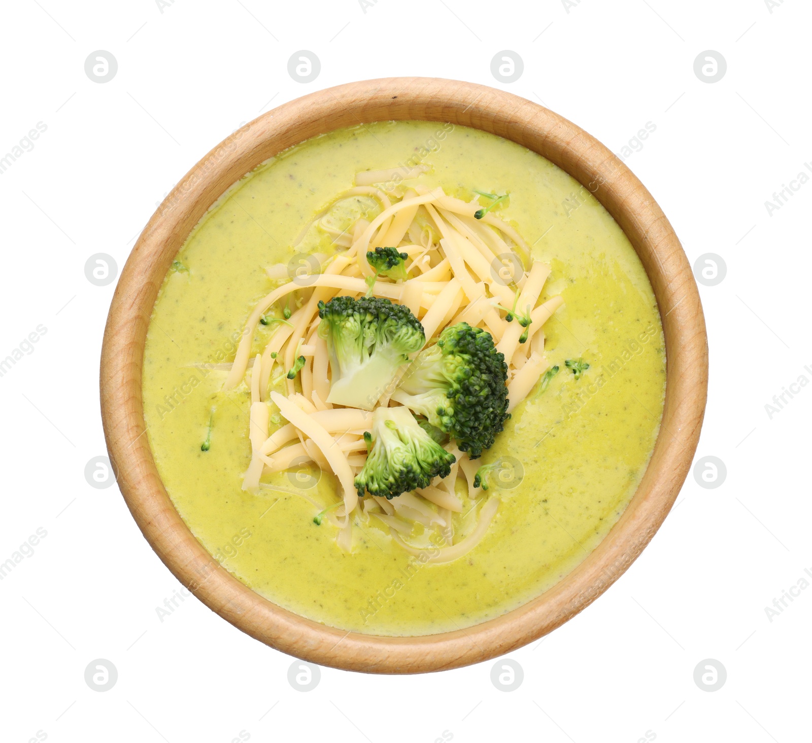 Photo of Delicious broccoli cream soup in bowl isolated on white, top view