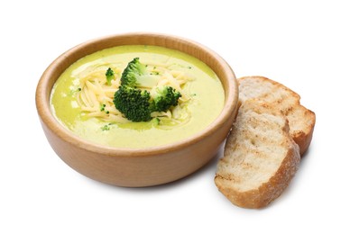 Photo of Delicious broccoli cream soup in bowl and croutons isolated on white