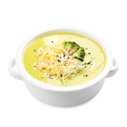 Photo of Delicious broccoli cream soup in bowl isolated on white