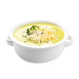 Photo of Delicious broccoli cream soup in bowl isolated on white