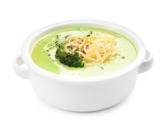 Photo of Delicious broccoli cream soup in bowl isolated on white