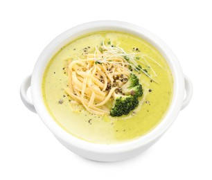 Photo of Delicious broccoli cream soup in bowl isolated on white