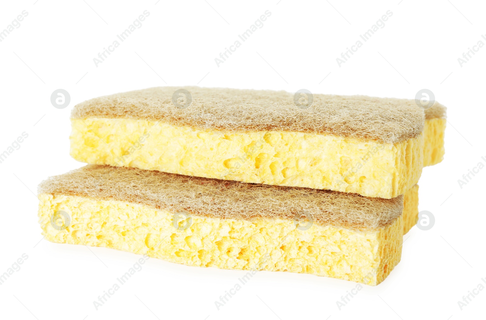 Photo of Two yellow sponges isolated on white. Cleaning supply