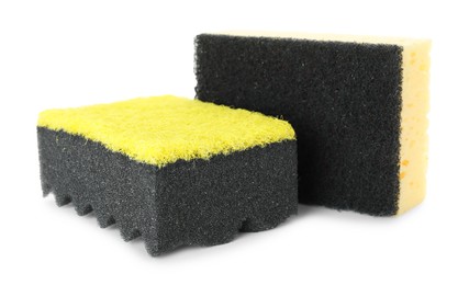 Photo of Two soft sponges isolated on white. Cleaning supply