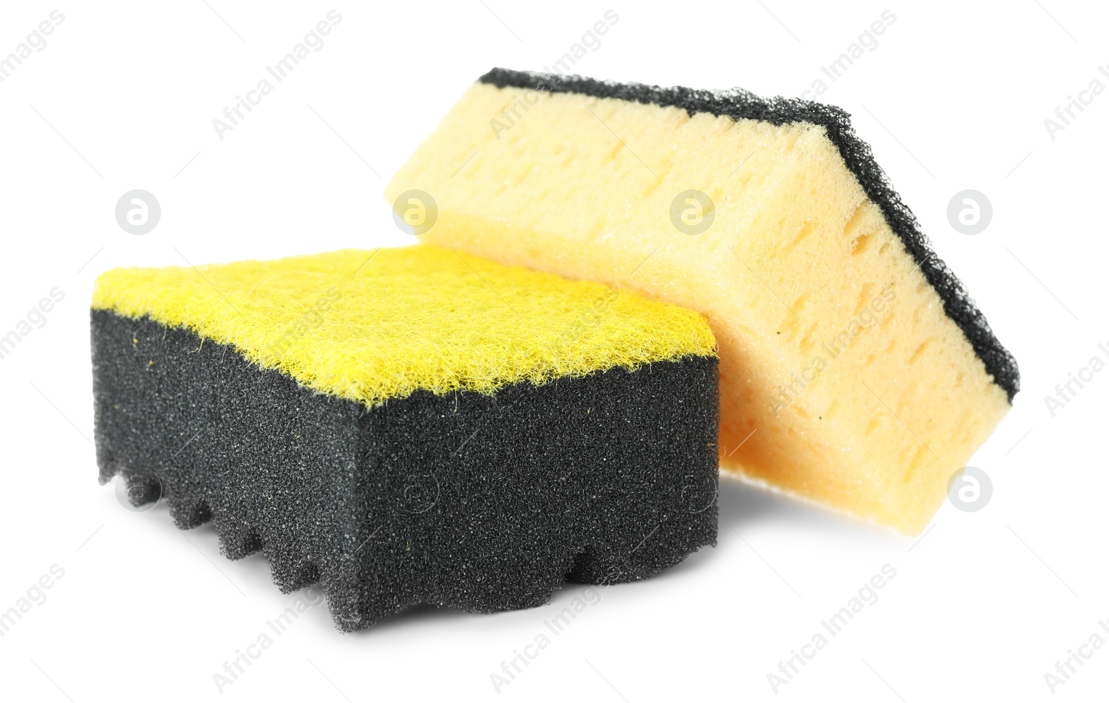 Photo of Two soft sponges isolated on white. Cleaning supply