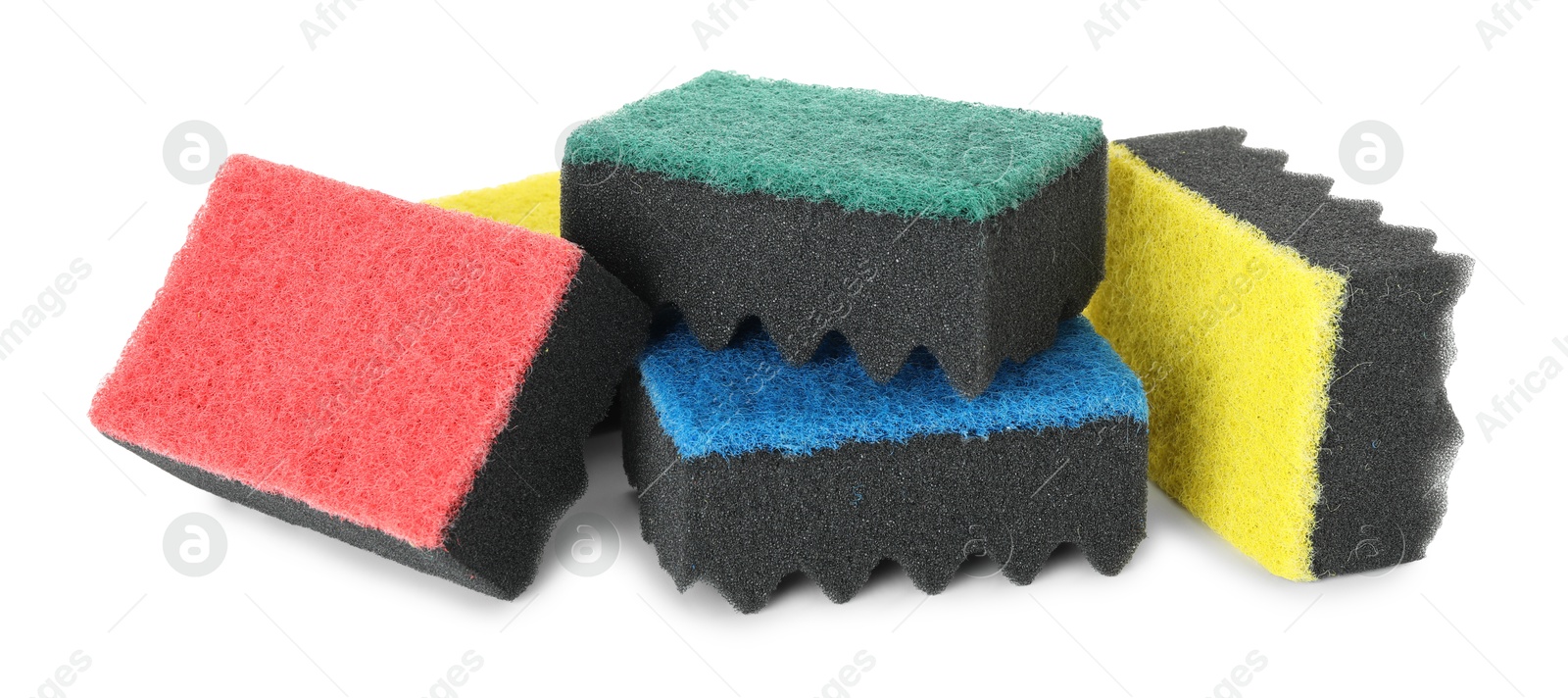 Photo of Different soft sponges isolated on white. Cleaning supply