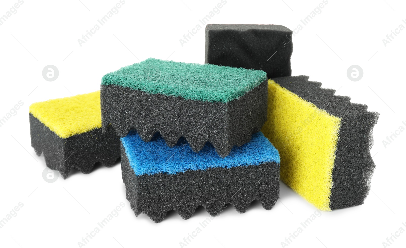 Photo of Different soft sponges isolated on white. Cleaning supply