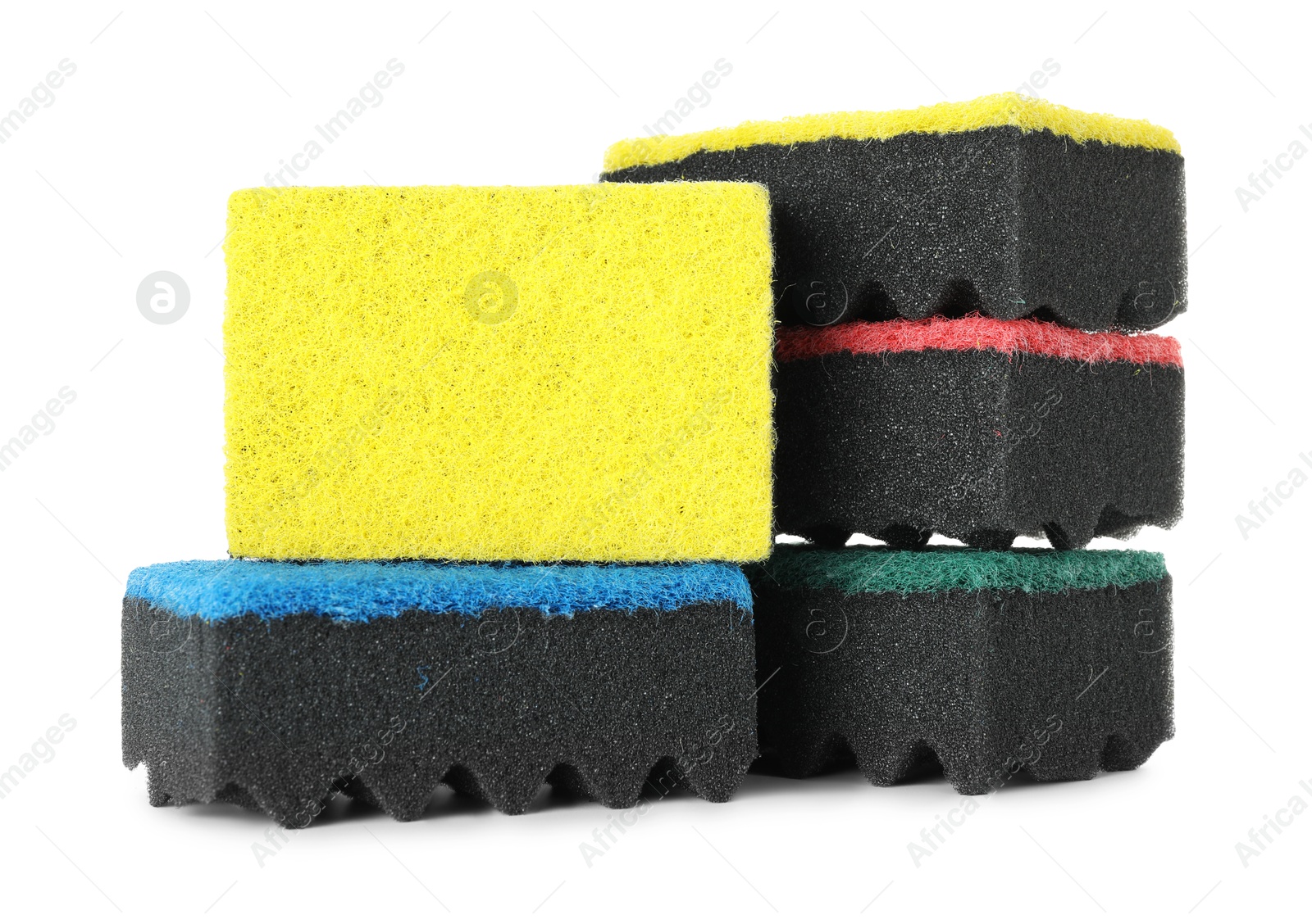 Photo of Different soft sponges isolated on white. Cleaning supply