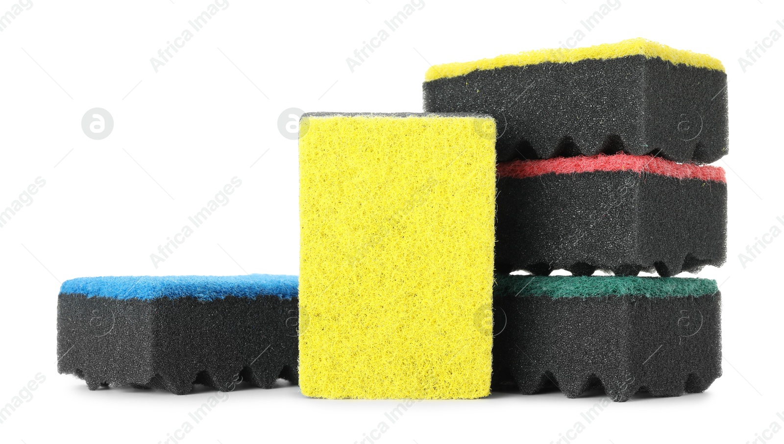 Photo of Different soft sponges isolated on white. Cleaning supply