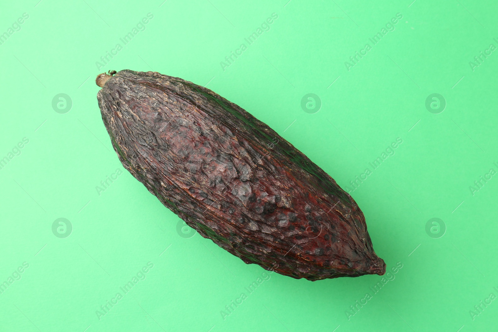 Photo of Cocoa pod on green background, top view