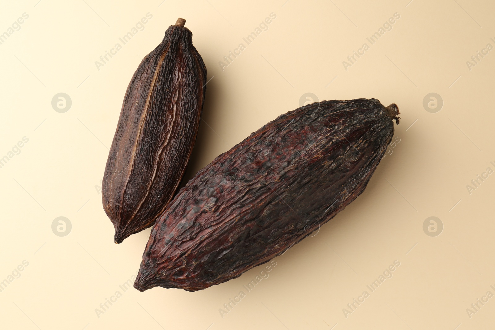 Photo of Cocoa pods on beige background, top view