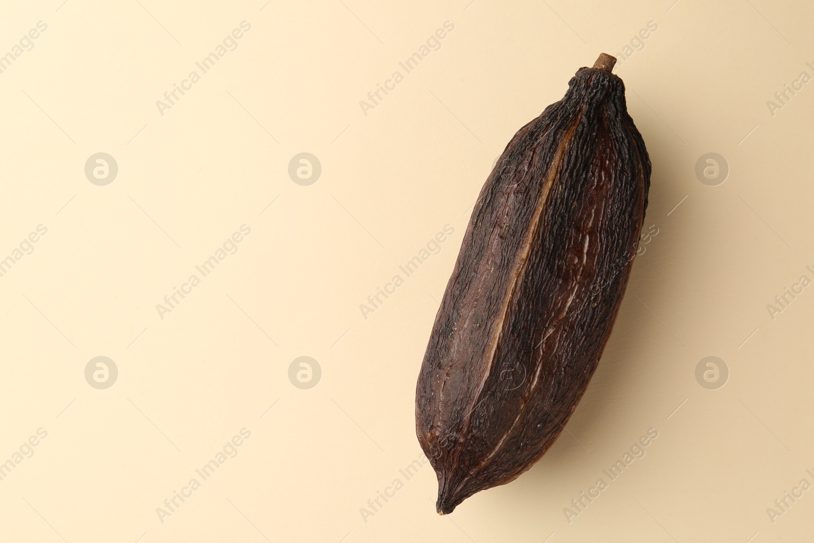 Photo of Cocoa pod on beige background, top view. Space for text