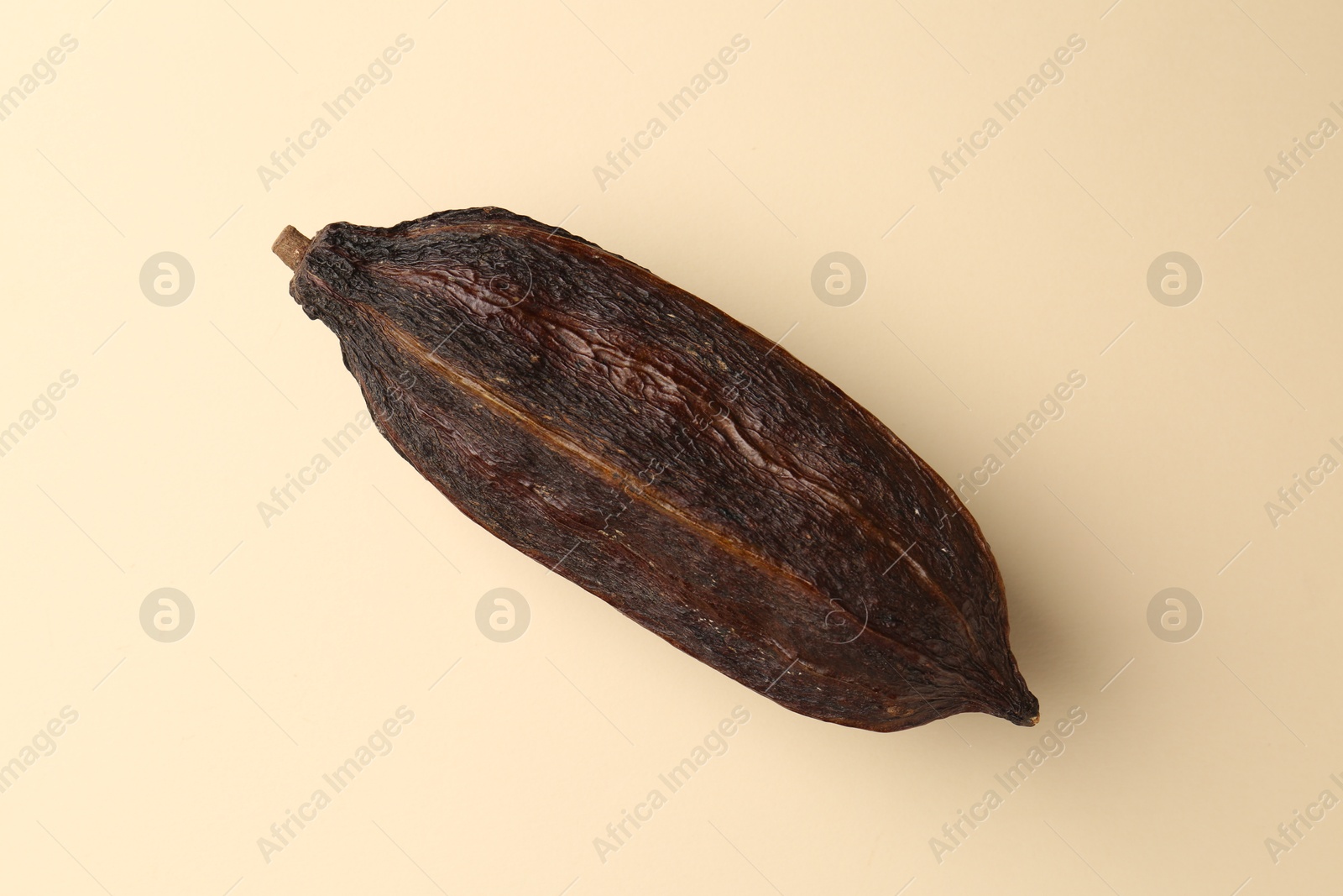 Photo of Cocoa pod on beige background, top view