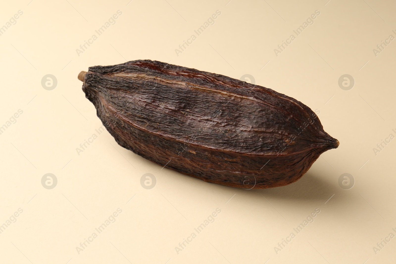 Photo of Whole tropical cocoa pod on beige background