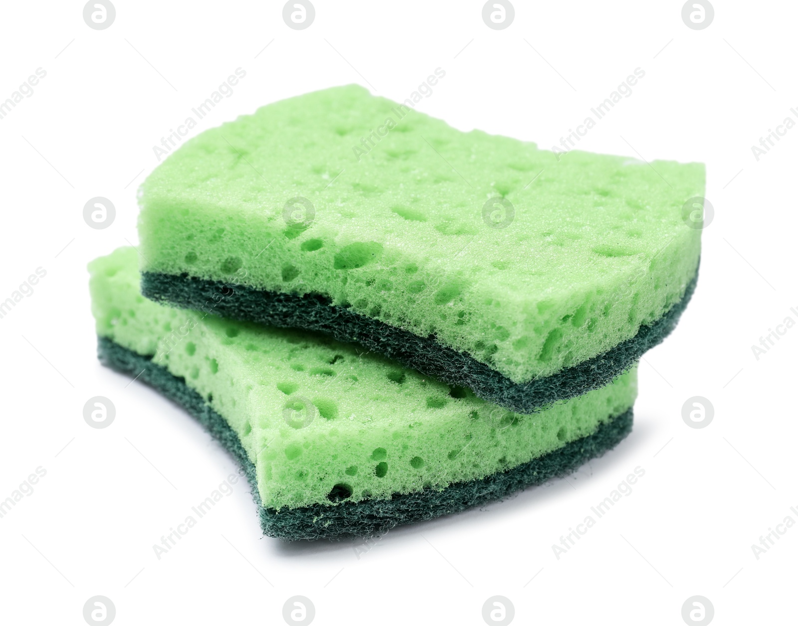 Photo of Green sponges isolated on white. Cleaning tool