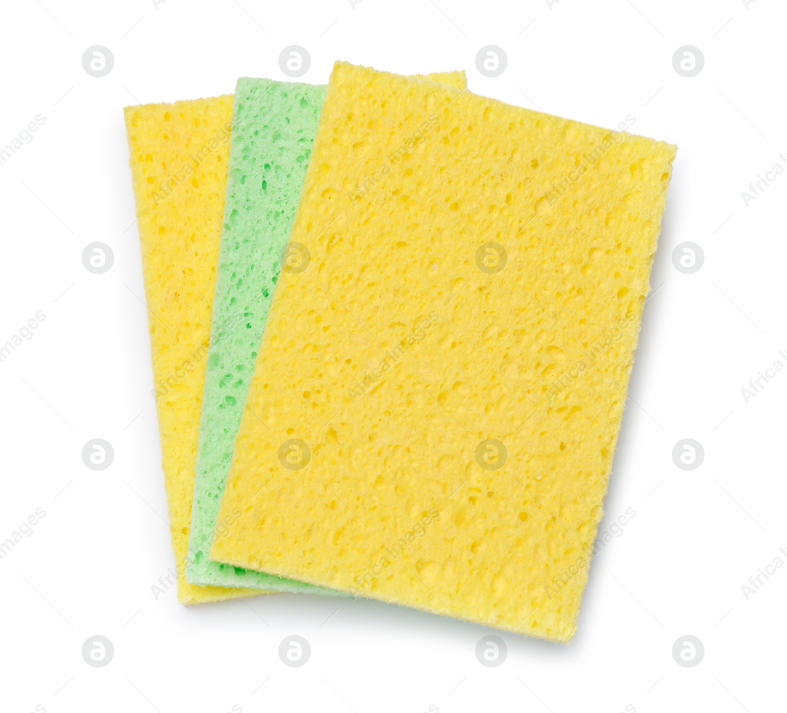 Photo of Soft sponges isolated on white, top view. Cleaning tool