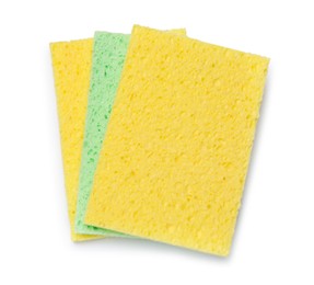 Photo of Soft sponges isolated on white, top view. Cleaning tool