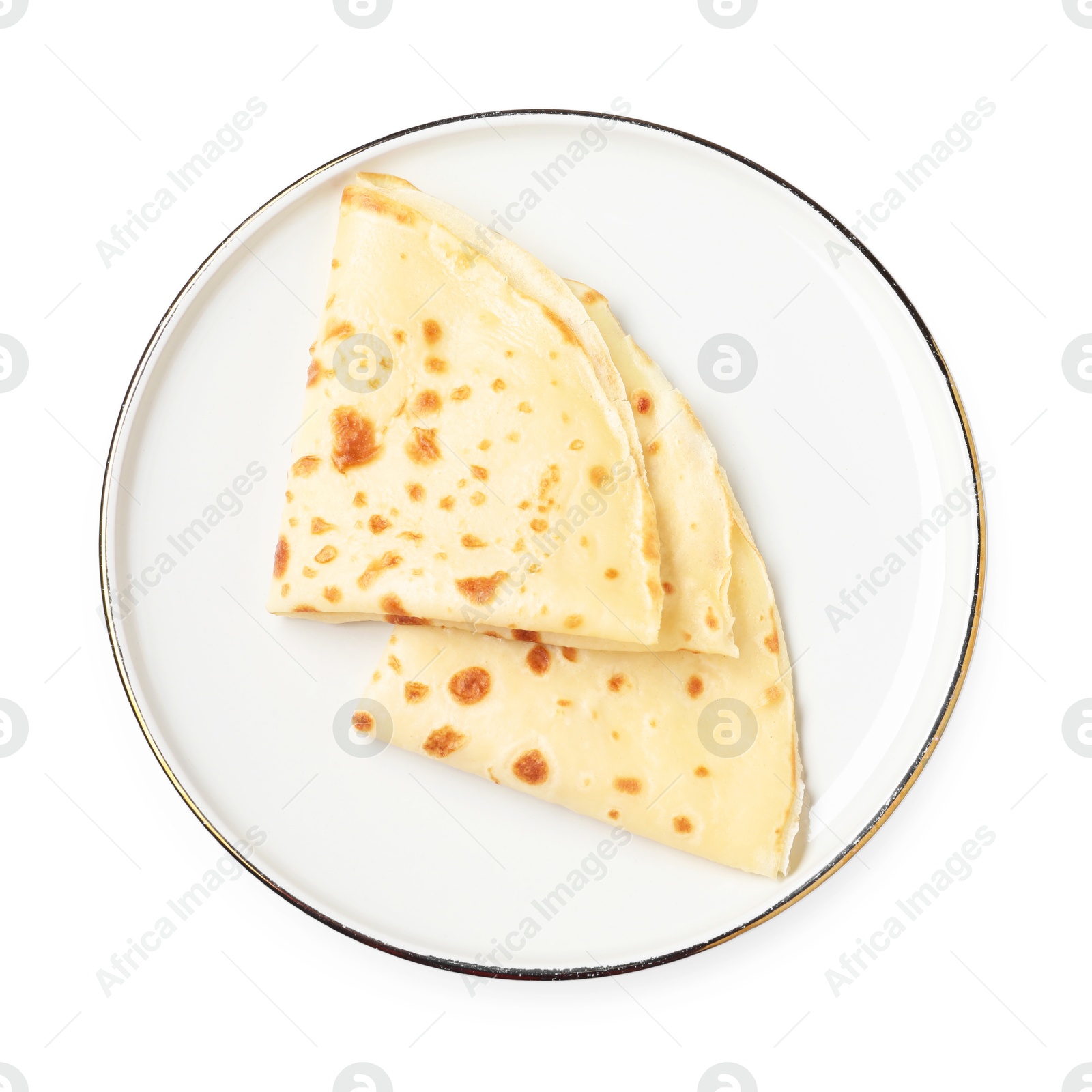 Photo of Delicious folded crepes isolated on white, top view