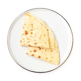 Photo of Delicious folded crepes isolated on white, top view