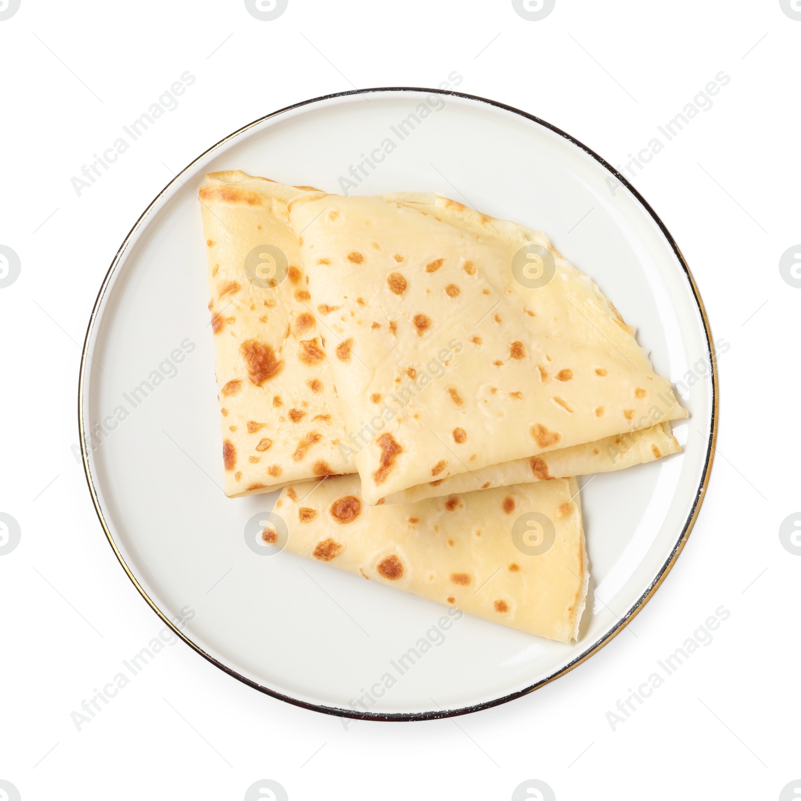 Photo of Delicious folded crepes isolated on white, top view