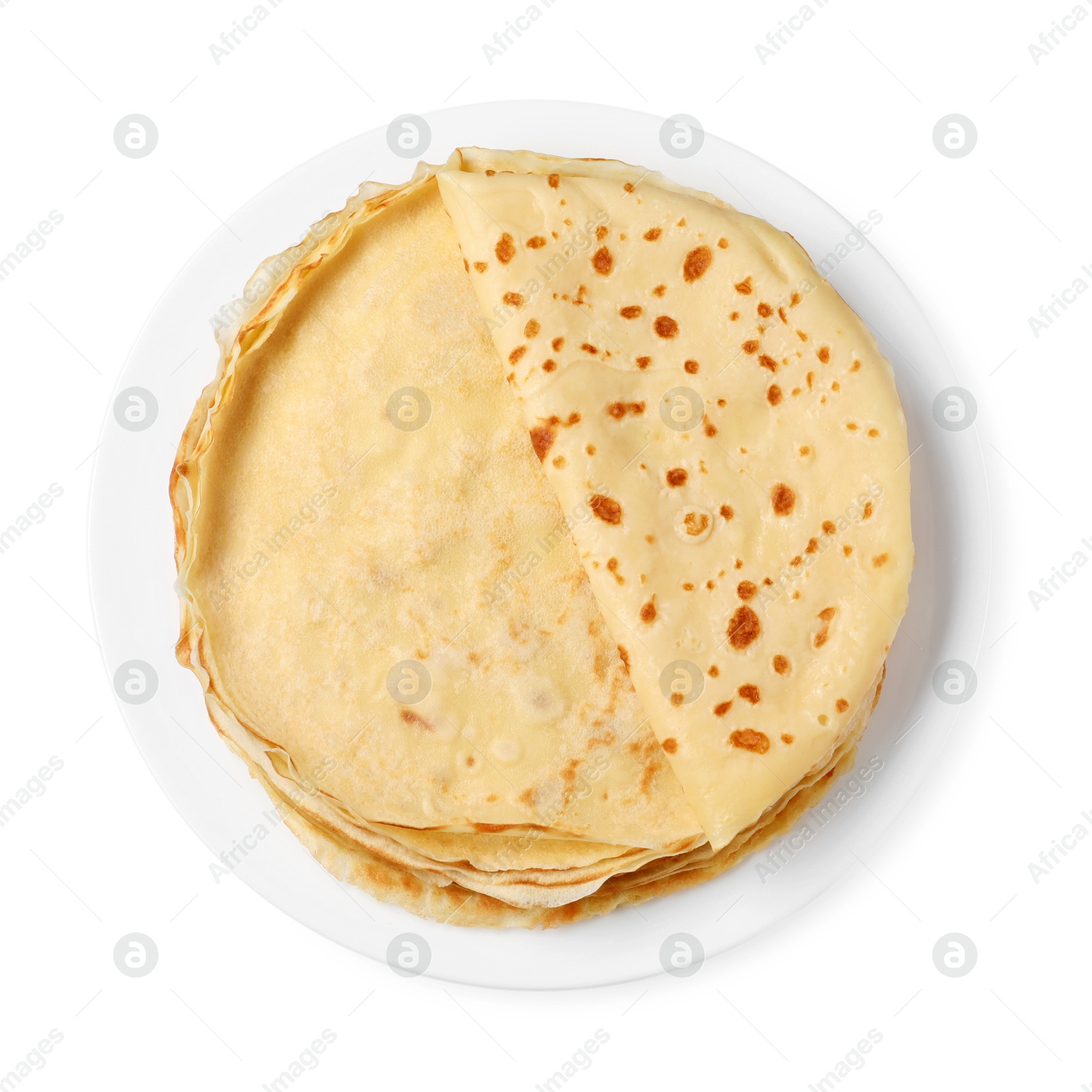 Photo of Stack of delicious crepes isolated on white, top view