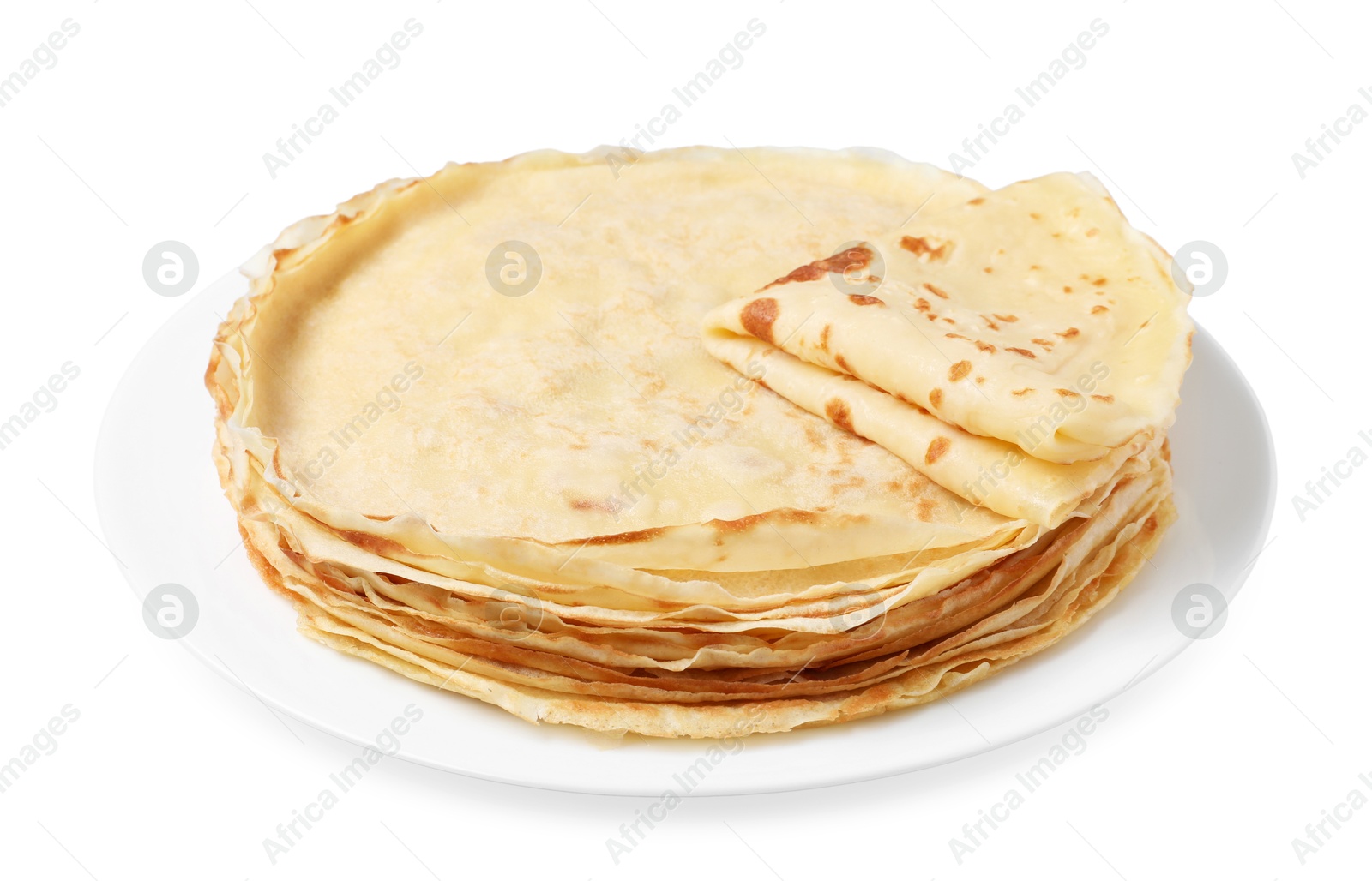 Photo of Stack of delicious crepes isolated on white