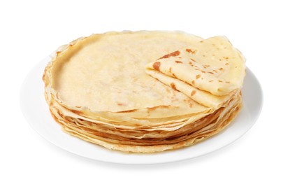 Photo of Stack of delicious crepes isolated on white